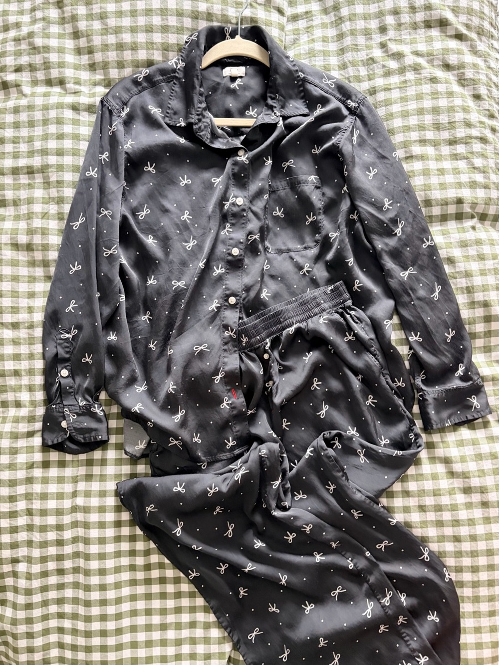 Aerie Satin Bow Print Pajama Set Black Lounge